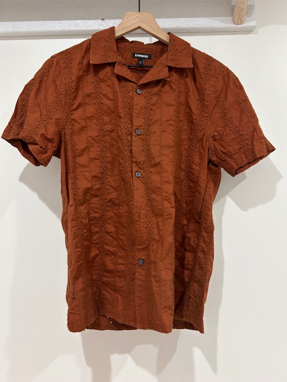 Express Brown Embroidered Eyelet Short Sleeve Shirt - Boho Geometric - Size S